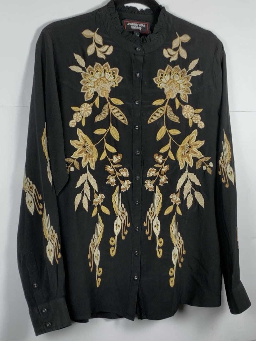 Johnny Was Workshop Silk Embroidered Boho Blouse Black Gold Button Front S - Picture 4 of 13